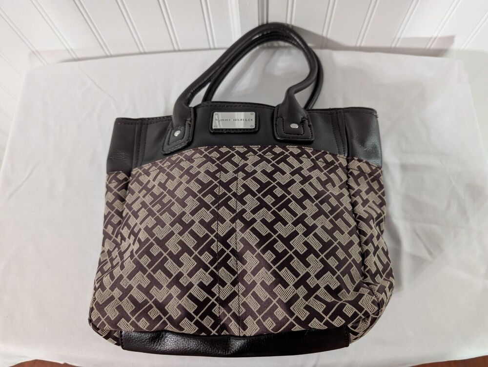 Tommy Hilfiger Signature Brown Faux Leather Trim Handbag Purse Beige